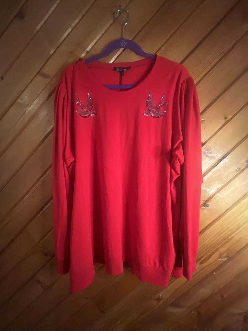 DG2 by Diane Gilman Rhinestone Swallow Embellished Red Crew Neck Sweatshirt